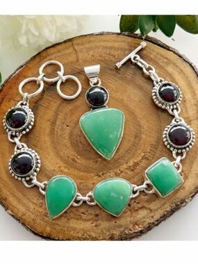 Boho Southwest Jewelry Set Chrysoprase Garnet Bracelet Pendant Handmade New 925